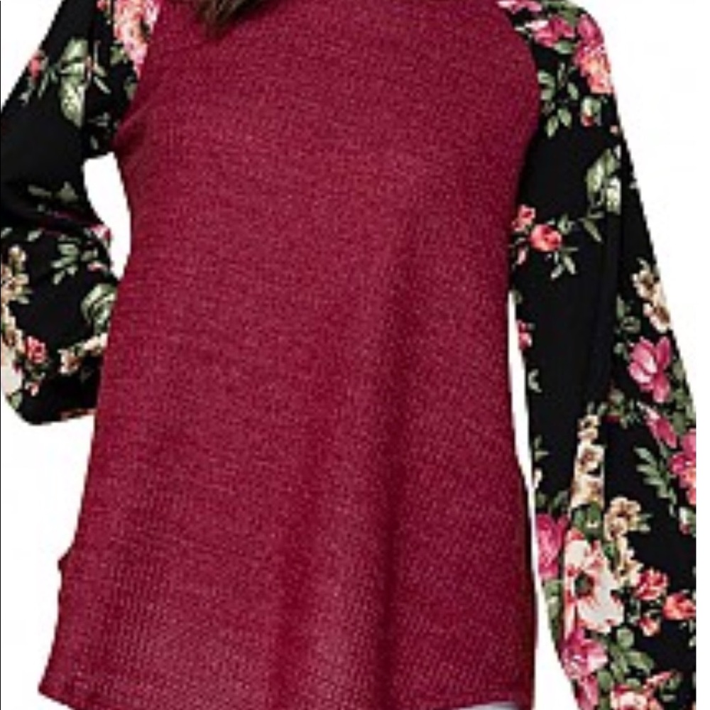 Burgundy top with floral accent sleeves